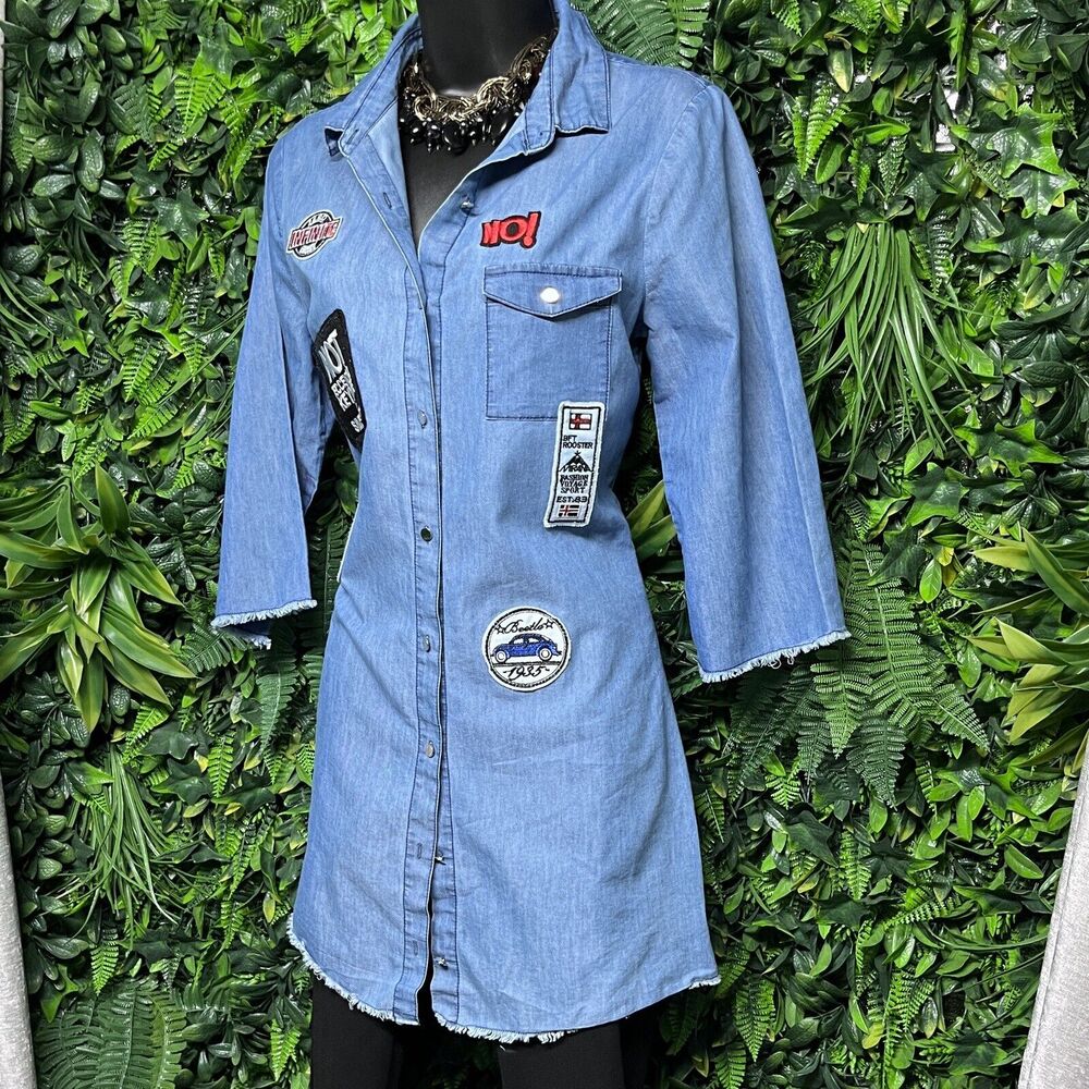 GRIFFLIN PARIS Top Women Small Blue Denim Patch Button Long Blouse 2510